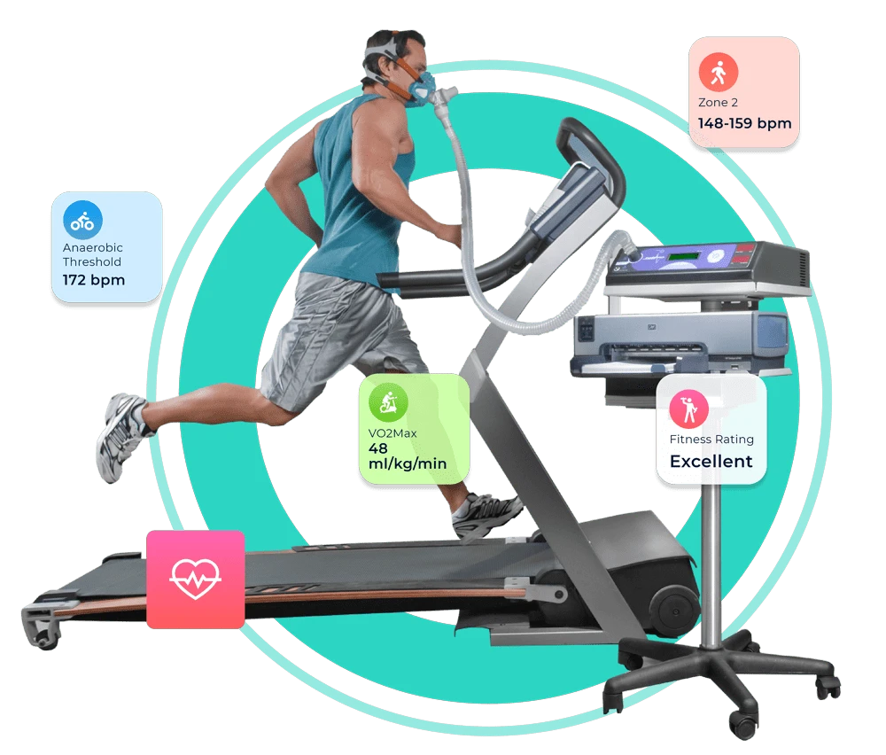 A man on a treadmill undergoing vo2 max testing with accompanying vital metrics A man on a treadmill undergoing vo2 max testing with accompanying vital metrics
