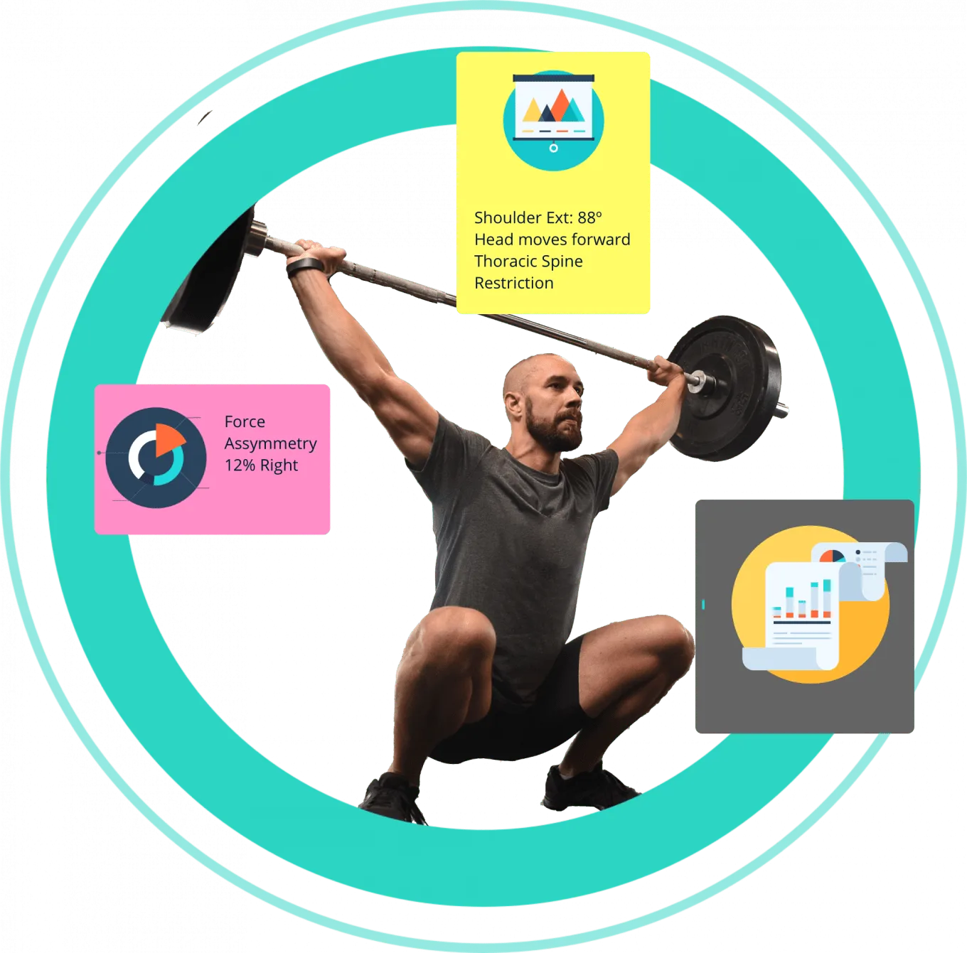 overhead squat man - movement screen A man on a treadmill undergoing vo2 max testing with accompanying vital metrics